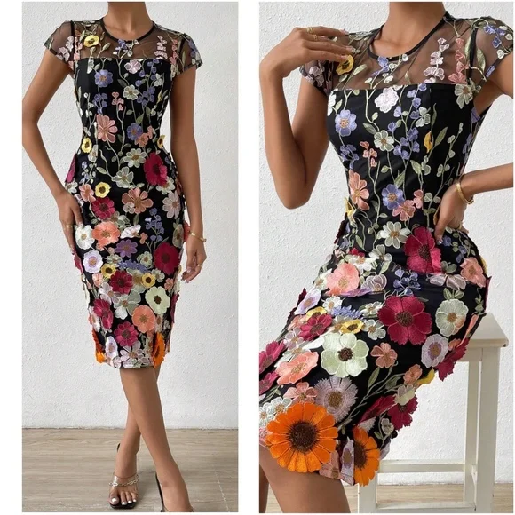 Luxe Floral Embroidered Split hem Party Dress - Picture 1 of 6